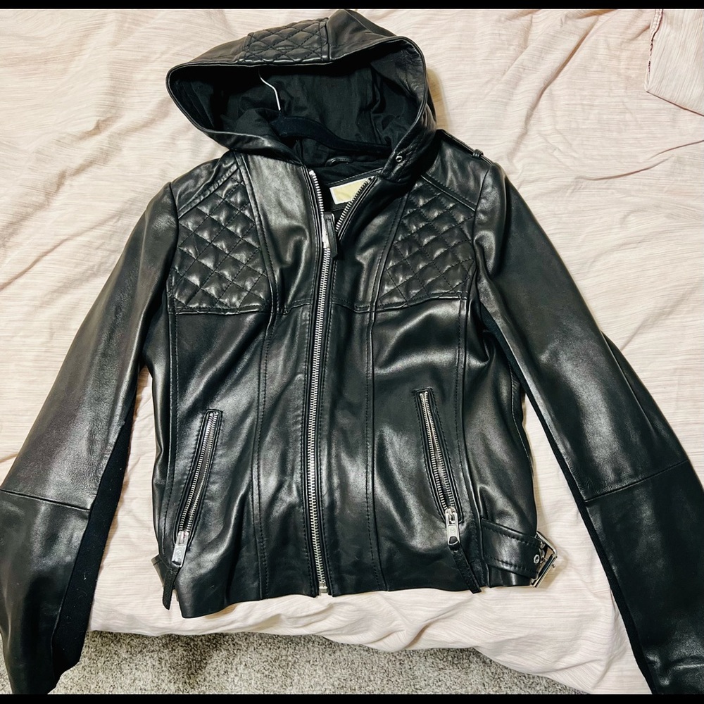 Micheal Kors Black Leather jacket with hood